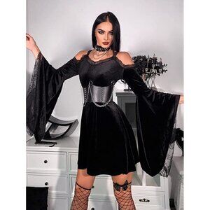 Lace Long Sleeve Dress Black Draped Bodycon Goth Vintage Style Halloween Costume